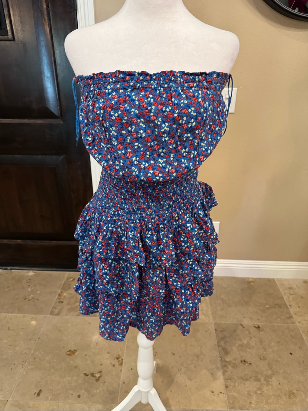 Patrons of Peace Blue Floral Strapless Smocked Ruffle Mini Dress